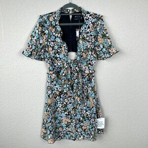 New ASOS Design Tie Front Mini Dress Ruffle Feminine Floral Black Blue Multi 8